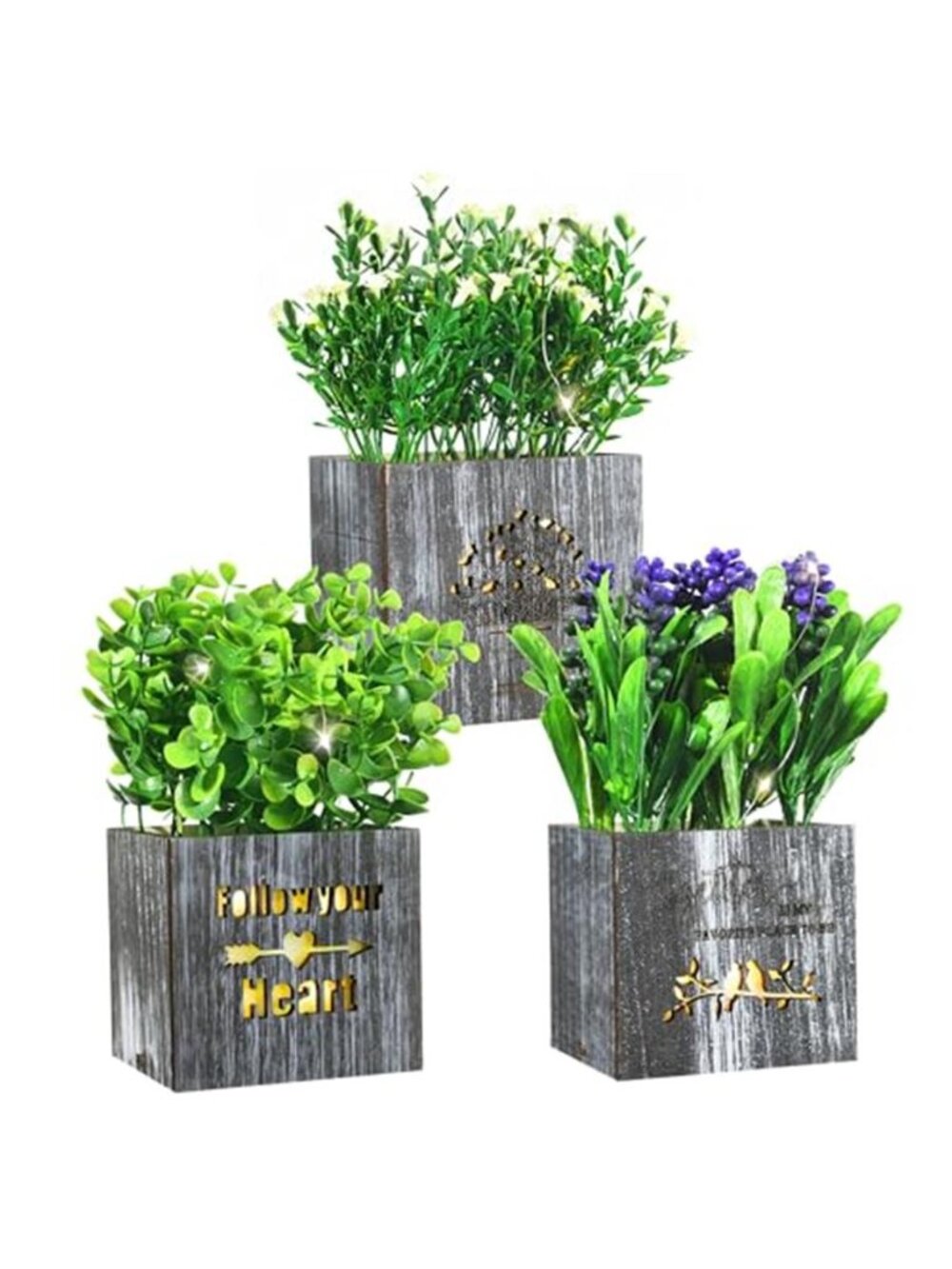 Fake Potted Plants LED Lights Eucalyptus Lavender Faux Greenery Home Decor 3Pc